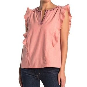 Frye Ruffle‎ Detail Embroidered Neck Sleeveless Blouse Rose Pink Small Cotton